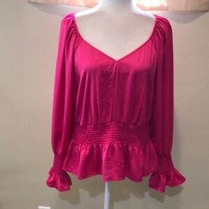 I.N.C. Pink Princess Cut V-Neck Elastic Waist and Puffed Sleeves Top w/Ruffles-L